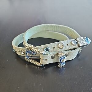 Michael Morris Elegant Crystal-Embellished Leather Belt Blue